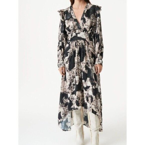 IRO Dress Sz 34 FR /US 2 Maxi Midi Black Beige abstract high low Designer Luxury - Picture 1 of 14